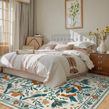 Covaba boho birdsong floral garden area rug in warm beige, styled in a room setting, view 11