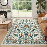 Covaba boho birdsong floral garden area rug in warm beige, styled in a room setting, view 10