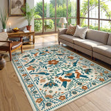 Covaba boho birdsong floral garden area rug in warm beige, styled in a room setting, view 12