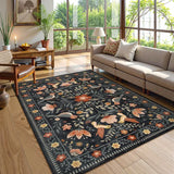 Covaba boho birdsong floral garden area rug in ink black, styled in a room setting, view 8