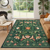 Covaba boho birdsong floral garden area rug in fern green, styled in a room setting, view 8