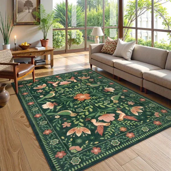 Covaba boho birdsong floral garden area rug in fern green, styled in a room setting