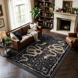 Covaba mystical snake area rug in ink black, styled in a room setting, view 9