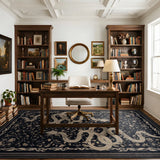 Covaba mystical snake area rug in ink black, styled in a room setting, view 10