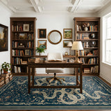 Covaba mystical snake area rug in stormy blue, styled in a room setting, view 3