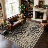 Covaba mystical snake area rug in coffee brown, styled in a room setting, view 3