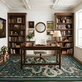Covaba mystical snake area rug in fern green, styled in a room setting, view 8