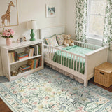 Covaba boho modern parisian garden floral area rug in warm beige, styled in a room setting, view 12