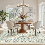 Covaba boho modern parisian garden floral area rug in warm beige, styled in a room setting, view 15