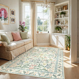 Covaba boho modern parisian garden floral area rug in warm beige, styled in a room setting, view 9