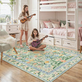 Covaba boho modern parisian garden floral area rug in fern green, styled in a room setting, view 6