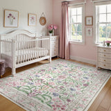 Covaba boho modern parisian garden floral area rug in muted plum, styled in a room setting, view 6