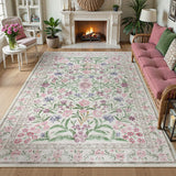 Covaba boho modern parisian garden floral area rug in muted plum, styled in a room setting, view 5