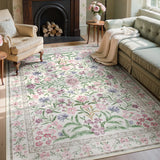 Covaba boho modern parisian garden floral area rug in muted plum, styled in a room setting, view 9