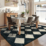 Covaba modern geometric diamond checkered area rug in ink black, styled in a room setting, view 14