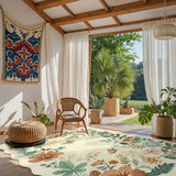 Covaba boho modern parisian floral scalloped area rug in warm beige, styled in a room setting, view 5