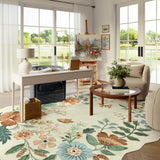 Covaba boho modern parisian floral scalloped area rug in warm beige, styled in a room setting, view 4