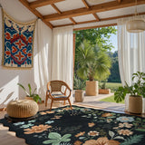 Covaba boho modern parisian floral scalloped area rug in ink black, styled in a room setting, view 5