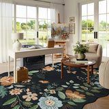 Covaba boho modern parisian floral scalloped area rug in ink black, styled in a room setting, view 6