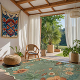 Covaba boho modern parisian floral scalloped area rug in fern green, styled in a room setting, view 6