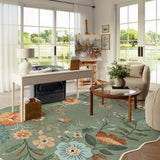 Covaba boho modern parisian floral scalloped area rug in fern green, styled in a room setting, view 4