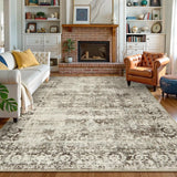 Covaba vintage distressed area rug in warm beige, styled in a room setting