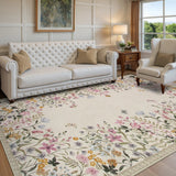 Covaba modern blooming floral garden area rug in warm beige, styled in a room setting, view 5