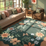 Covaba boho modern parisian floral scalloped area rug in forest fern, styled in a room setting, view 5