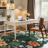 Covaba boho modern parisian floral scalloped area rug in forest fern, styled in a room setting, view 4