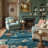 Covaba boho modern parisian floral scalloped area rug in deep navy, styled in a room setting, view 5