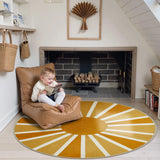 Covaba boho rainbow sunshine round rug in amber clay, styled in a room setting, view 7