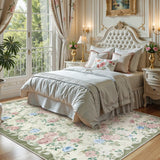 Covaba romantic vintage floral rose garden area rug in sage mist, styled in a room setting, view 4