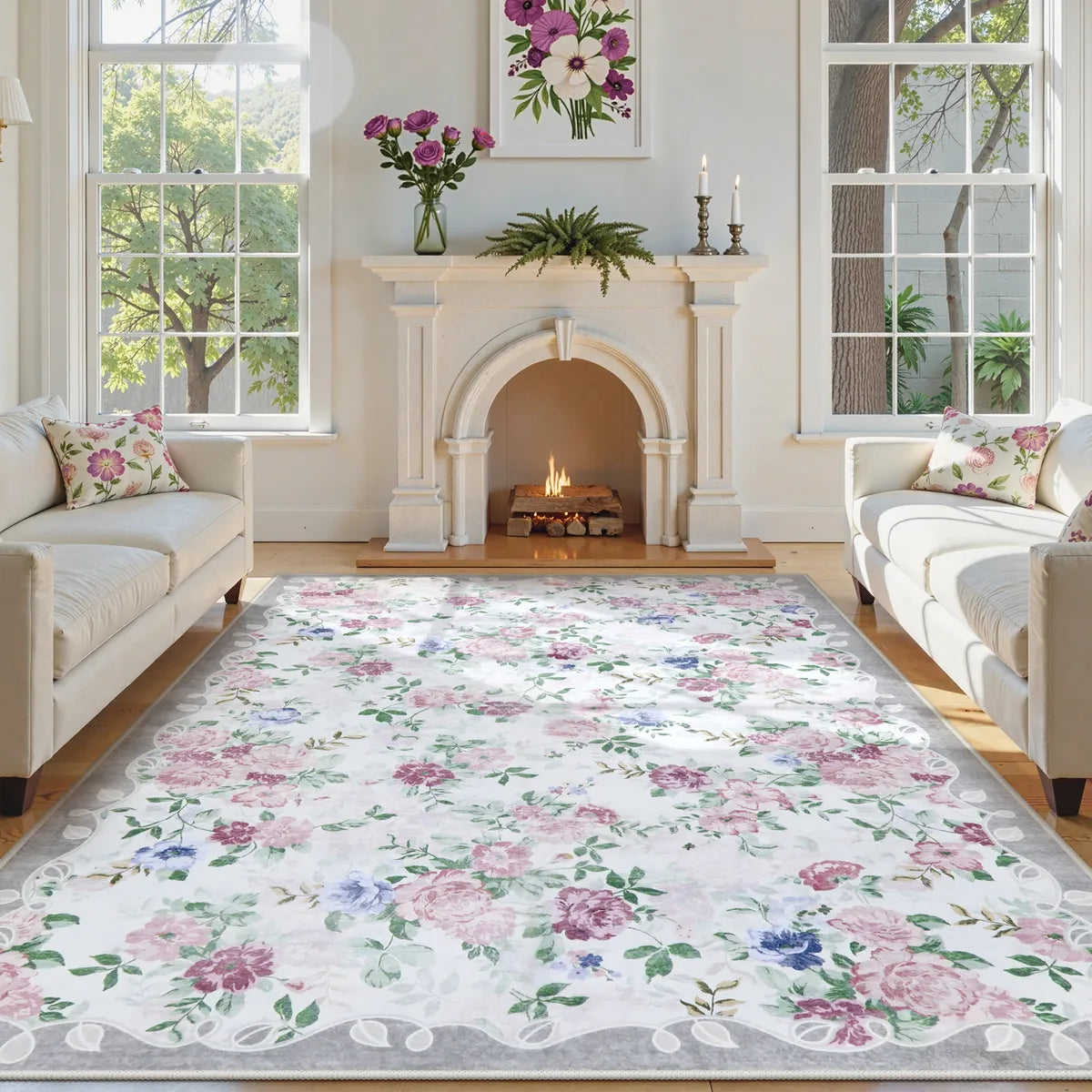 Covaba romantic vintage floral rose garden area rug in muted plum, styled in a room setting