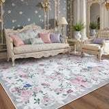 Covaba romantic vintage floral rose garden area rug in muted plum, styled in a room setting, view 3