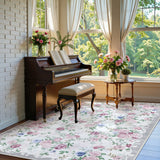 Covaba romantic vintage floral rose garden area rug in muted plum, styled in a room setting, view 4