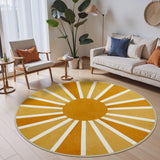 Covaba boho rainbow sunshine round rug in amber clay, styled in a room setting, view 3