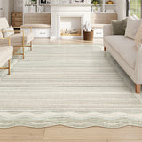 Covaba modern abstract bordered scalloped area rug in warm beige, styled in a room setting, view 3