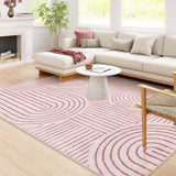 Covaba abstract rainbow stripe pink/white area rug in blush clay, styled in a room setting, view 12