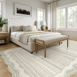 Covaba modern abstract bordered scalloped area rug in warm beige, styled in a room setting, view 4