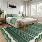 Covaba modern abstract bordered scalloped area rug in fern green, styled in a room setting, view 6