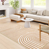 Covaba abstract rainbow stripe orange/white area rug in amber clay, styled in a room setting