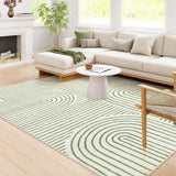 Covaba abstract rainbow stripe green/white area rug in fern green, styled in a room setting, view 6
