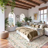 Covaba vintage floral area rug in warm beige, styled in a room setting, view 11