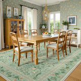 Covaba vintage floral area rug in sage mist, styled in a room setting, view 4