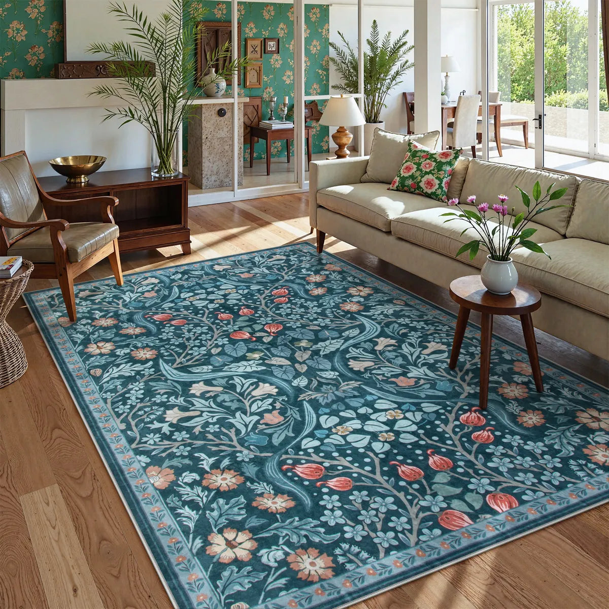 Covaba maximalism vibrant floral area rug in teal haze, styled in a room setting