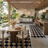 Covaba geometric checkered easy jute indoor/outdoor area rug in coffee brown, styled in a room setting, view 6