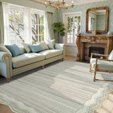 Covaba modern abstract bordered scalloped area rug in warm beige, styled in a room setting, view 5