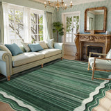 Covaba modern abstract bordered scalloped area rug in fern green, styled in a room setting, view 4