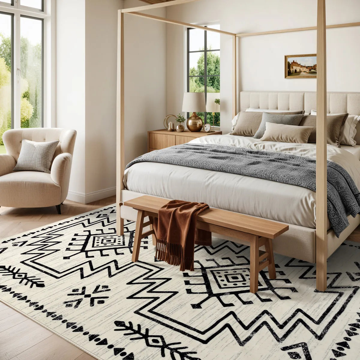 Covaba aztec moroccan distressed area rug in warm beige, styled in a room setting