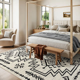 Covaba aztec moroccan distressed area rug in warm beige, styled in a room setting